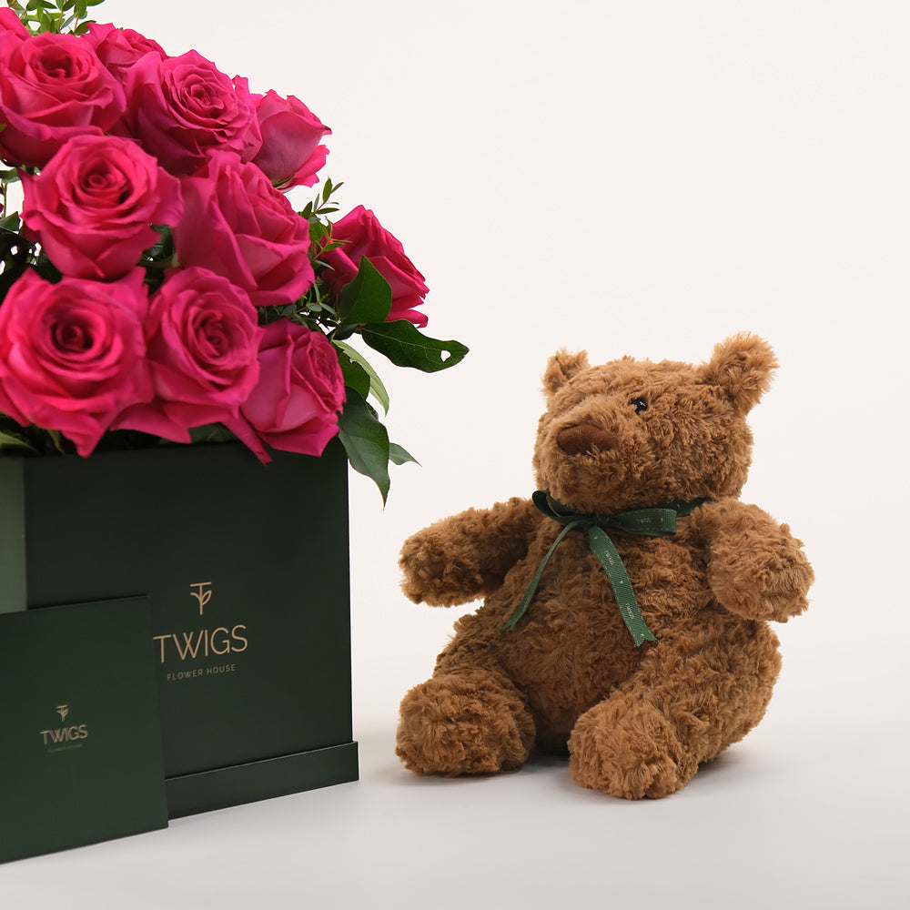 Fuchsia Birthday Joy Bundle –  Flowers & Teddy Bear – A Thoughtful, Luxurious Gift