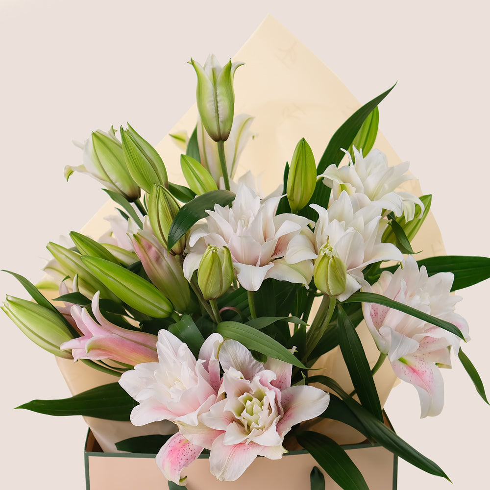 Lily Grace Flower Bouquet – Double Petalled Lilies in TWIGS Carry Bag