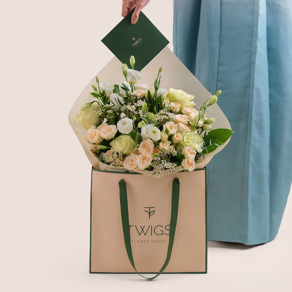 Pastel Mixed Flower Bouquet – Subtle Elegance in Our Signature TWIGS Bag