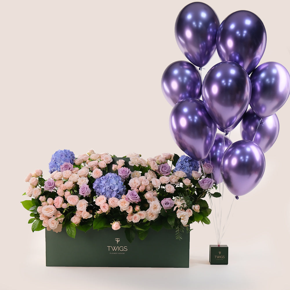 Garden Grandeur – Floral Box & Balloons Bundle – A Luxurious Floral Masterpiece for Every Celebration