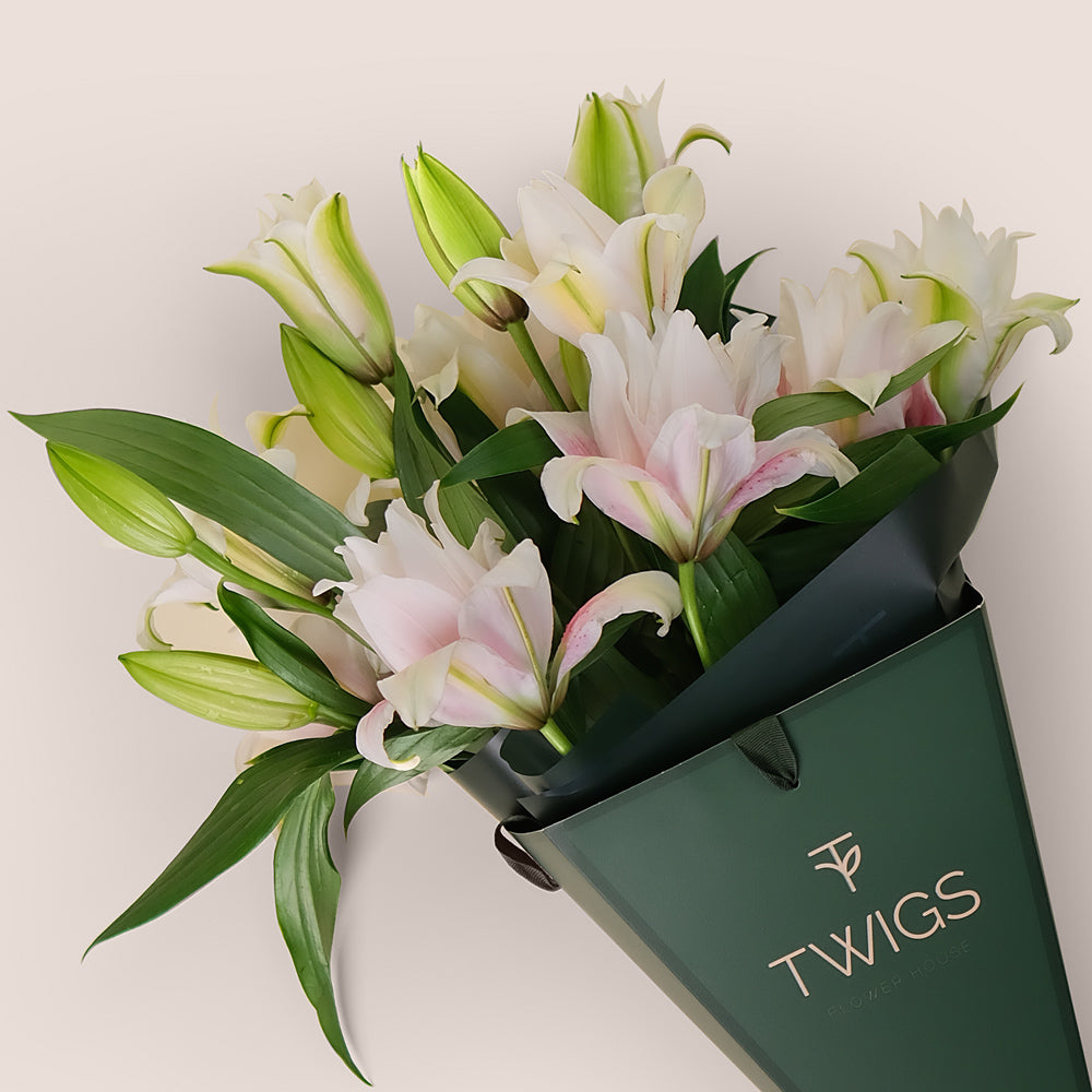 Double Petalled Lilies in TWIGS Cone-Shaped Carry Bag– Elegance in Every Petal