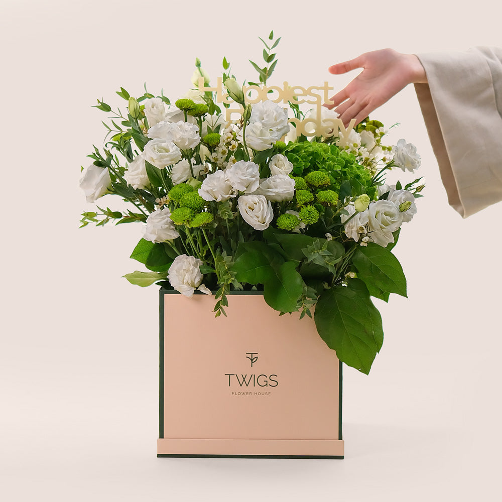 Elegant Flower Box with White Lisianthus & Green Blooms– A Refreshing Display of Elegance