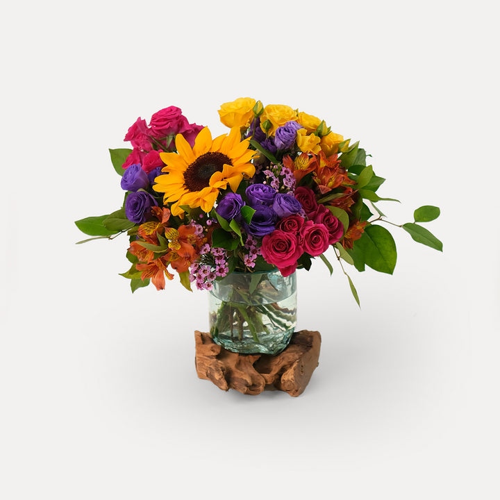 Sunflower and spray roses vase arrangement