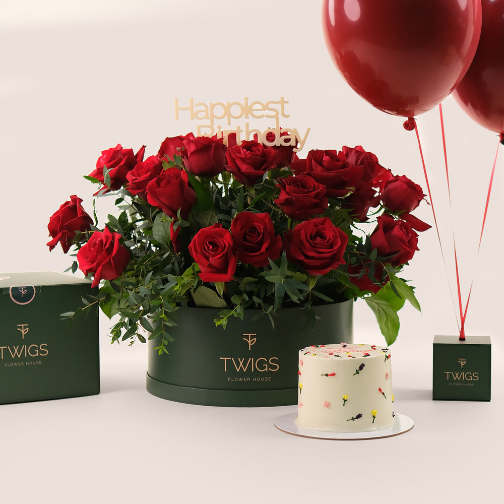 Grande Red Round Box Elegance Birthday Bundle – Roses, Cake & Balloons– A Luxurious Full Celebration Gift