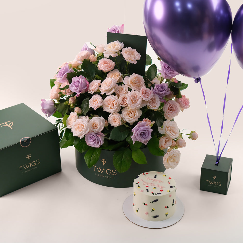 Grande Birthday Flowers Round Box – Cake & Balloons Bundle – A Luxurious Celebration of Blooms, Flavor, and Festivity