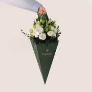 Pure Grace – Lisianthus & Eucalyptus Cone Bouquet – A Timeless Bouquet of Simplicity and Elegance