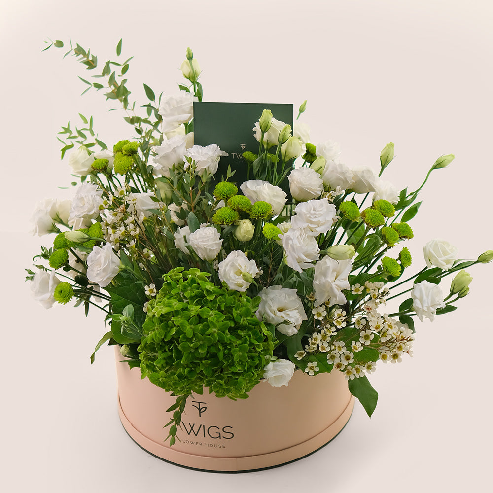 White & Green Blooms in Grande Round Box - Lisianthus & Hydrangea – A Grande Elegance