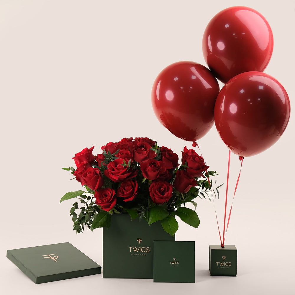 Very Red Flowers & Balloons Bundle – Elegant Celebration Gift– A Luxurious Gift for Special Occasions