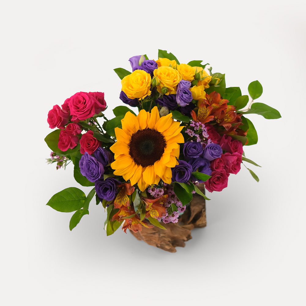 Sunflower and spray roses vase arrangement