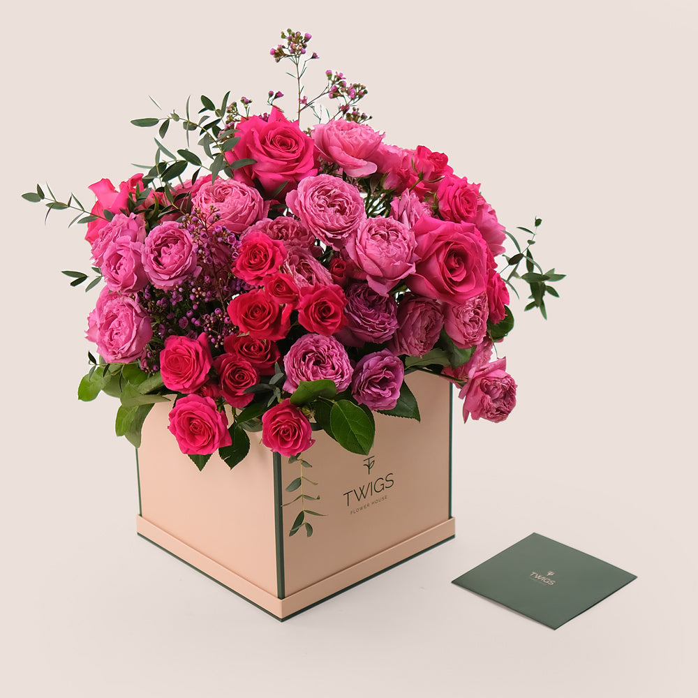 Fuchsia Delight – Square Box Bouquet of Fuchsia & Pink Roses