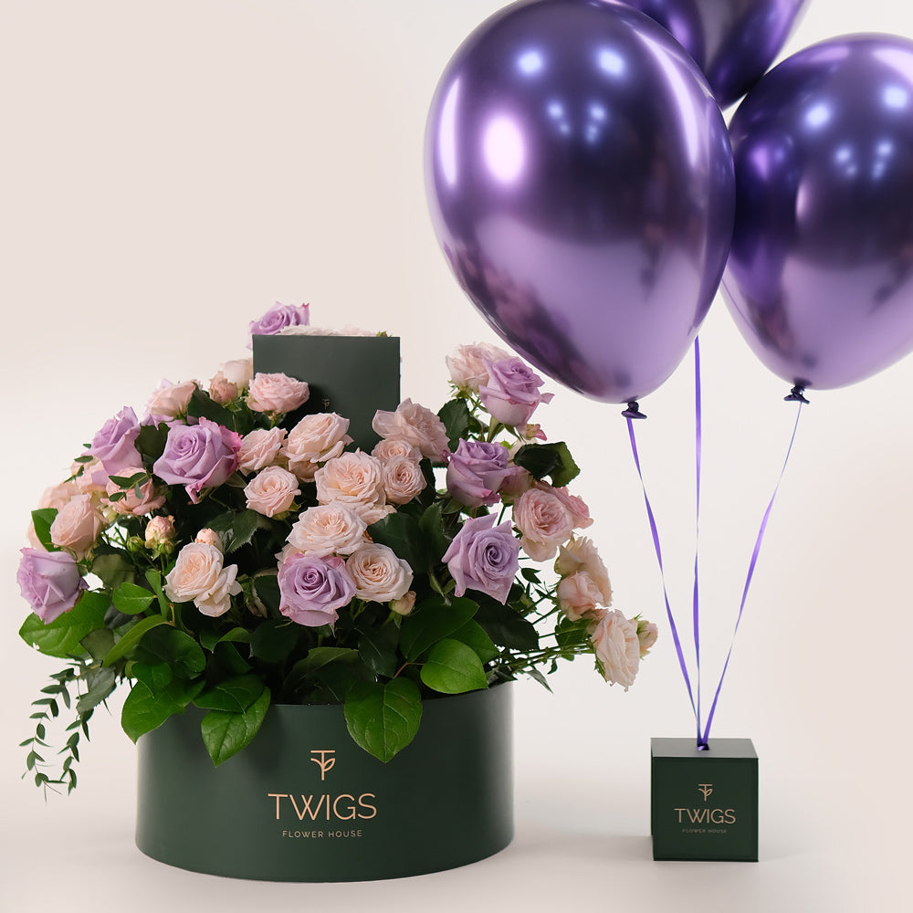 Elegant Lavender Delight Grande Round Box – Roses & Balloons Bundle - A Perfect Gifting Experience for Every Occasion