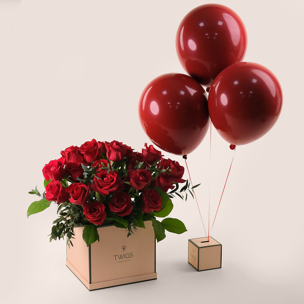 Very Red Flowers & Balloons Bundle – Elegant Celebration Gift– A Luxurious Gift for Special Occasions