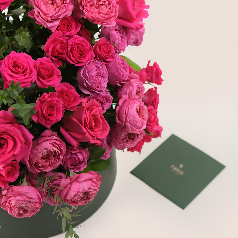 Grande Hot Pink Roses Round Box  TWIGS – A Stunning Gesture of Love and Elegance