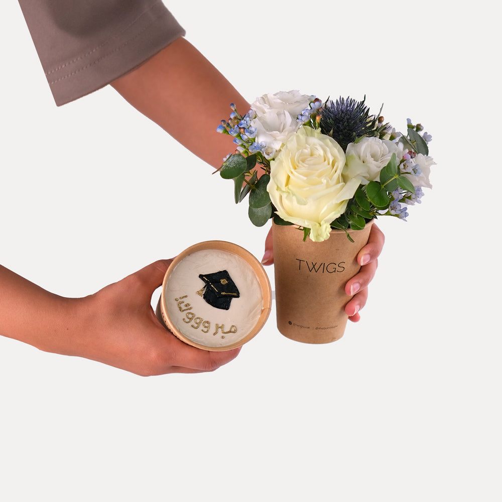 CHOCOLATE CUP CAKE  WITH WHITE  FLOWERS ARRANGEMENT