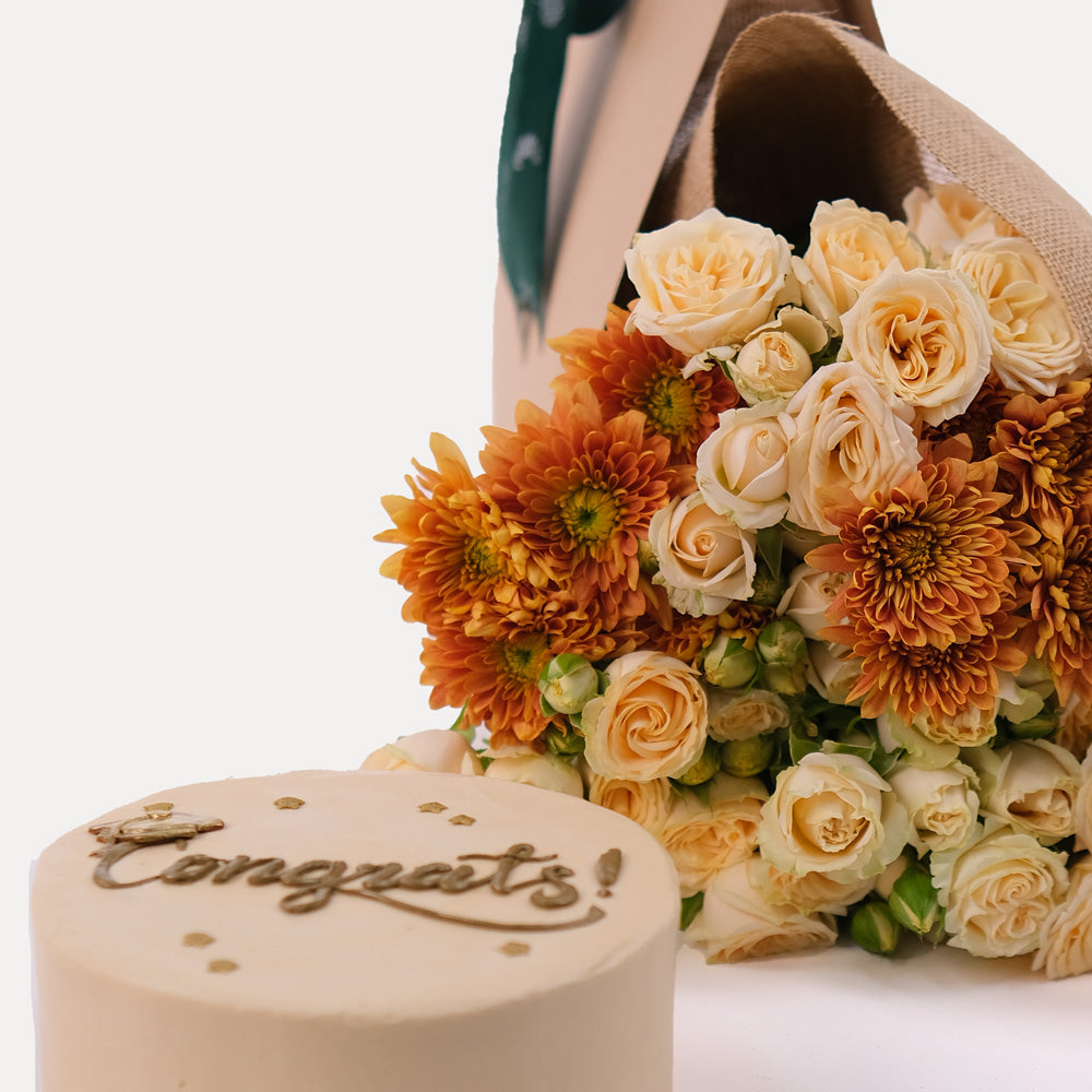 Chrysanthemum and Salinero Flower Bunch with Celebration Cake