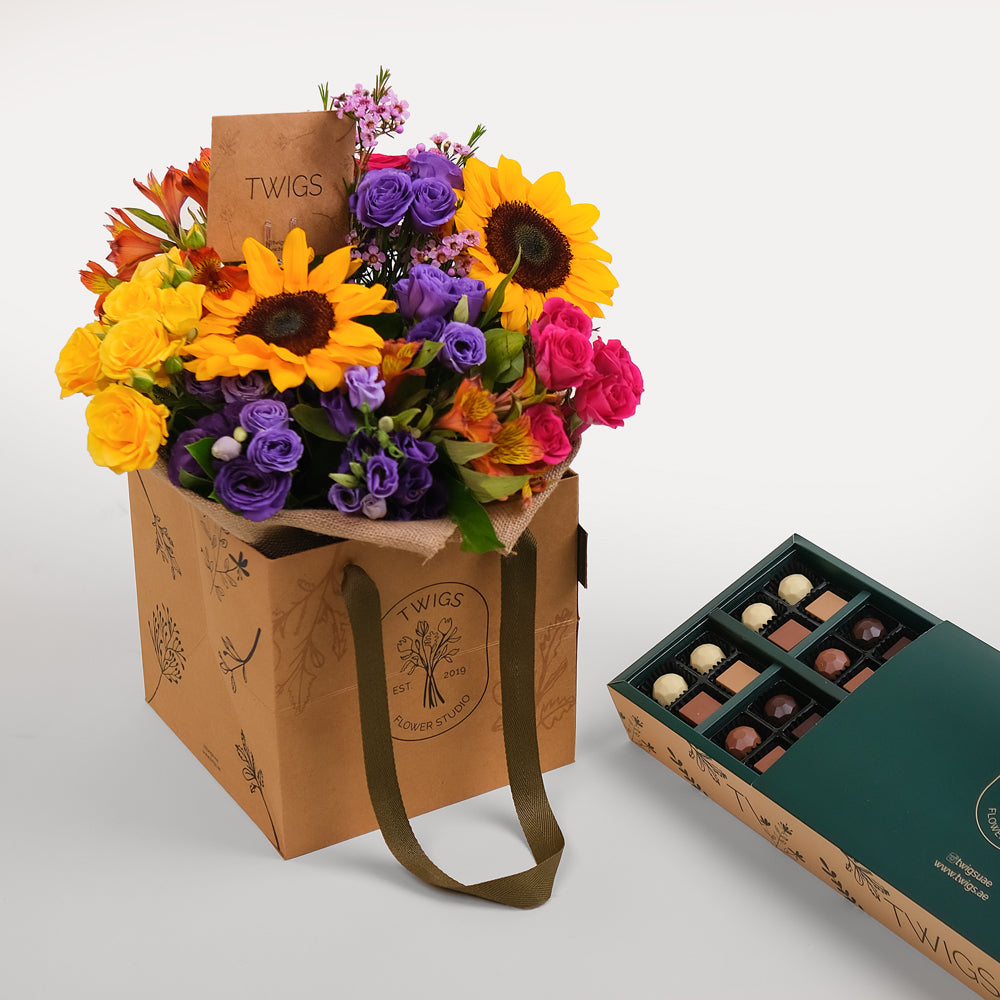 Sunflower & Alstroemeria Bouquet with TWIGS Chocolate Tray – A Sweet Floral Delight