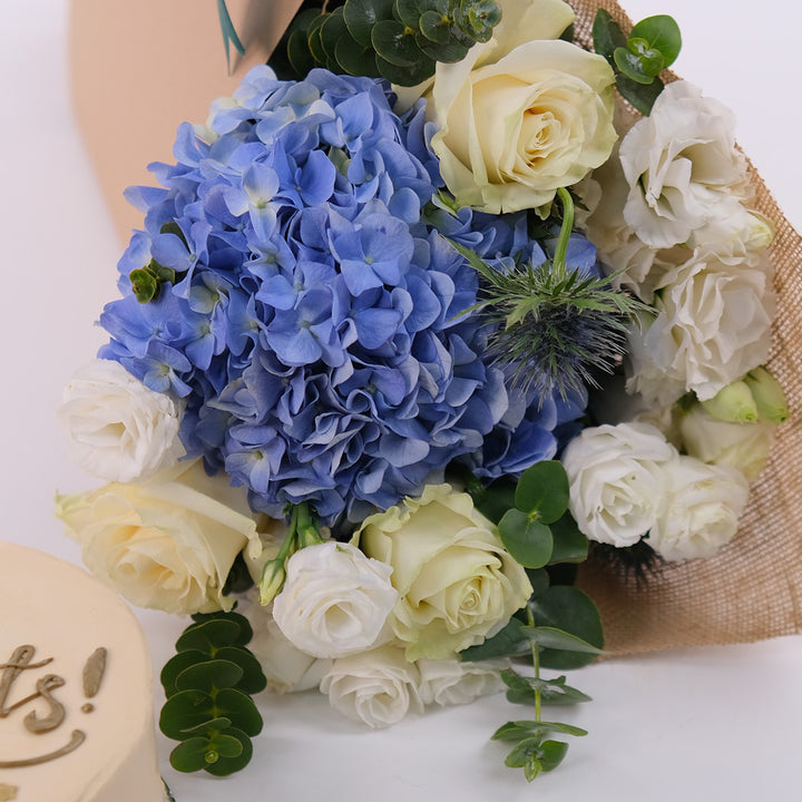 Special white rose & Purple hydrangea flower bunch with Celebration Cake