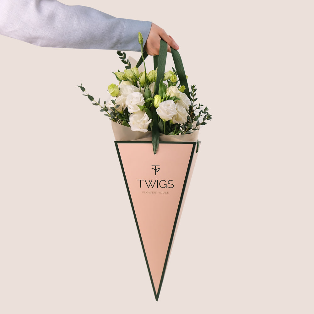 Pure Grace – Lisianthus & Eucalyptus Cone Bouquet – A Timeless Bouquet of Simplicity and Elegance