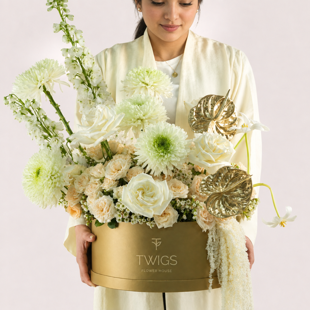 Lumina, a luxury floral arrangement of white garden roses, deco chrysanthemums, salinero spray roses, delphiniums, tulips, and gold painted anthurium leaves in a round TWIGS Gold box, with matching gift card.