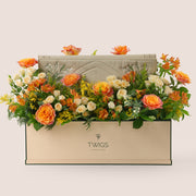 Shop Amber Elegance Ramadan Garden Box with velvety beige embroidered prayer mat. Elegant Ramadan flower gift with UAE delivery by TWIGS.