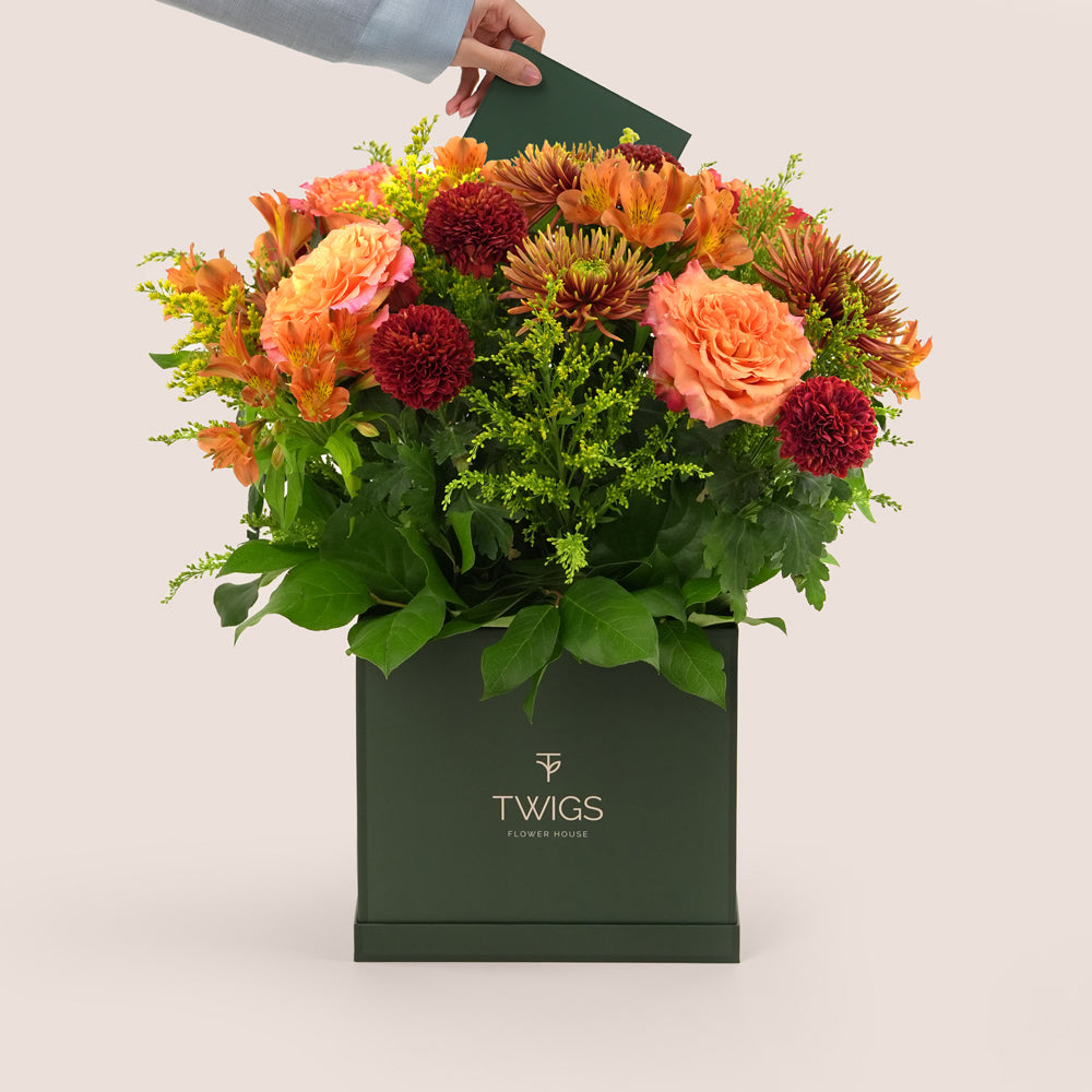 Orange Ecuador roses, alstroemerias, spider chrysanthemums, and burgundy pom pom mums arranged with greenery in a TWIGS beige or green square box, available for same day flower delivery in Dubai when you buy flowers online.