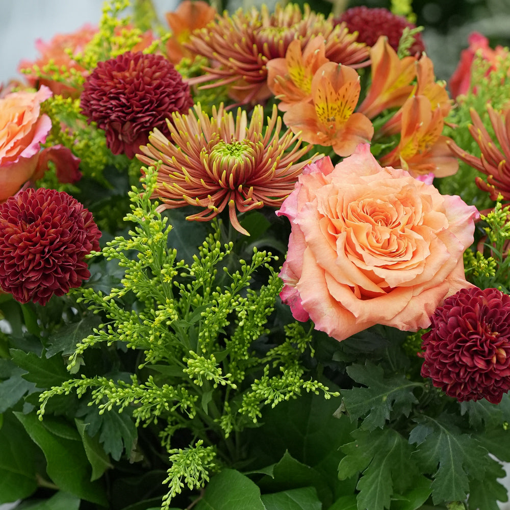 Orange Ecuador roses, alstroemerias, spider chrysanthemums, and burgundy pom pom mums arranged with greenery in a TWIGS beige or green square box, available for same day flower delivery in Dubai when you buy flowers online.