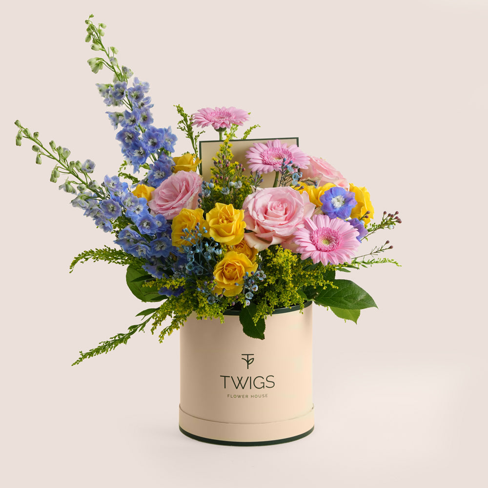 Pink and yellow rose arrangement with gerbera daisies and blue delphiniums in a beige TWIGS Flower House box, Sunday Bloom Deluxe