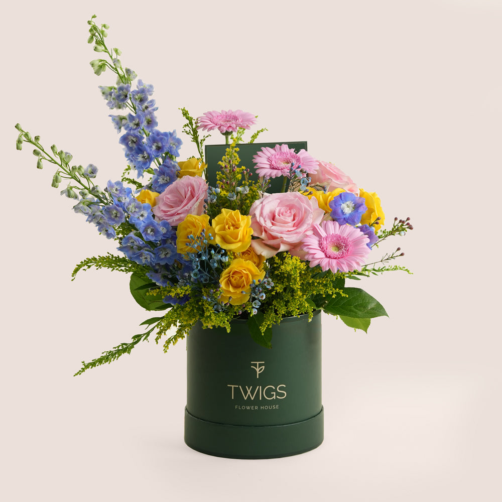 Pink and yellow rose arrangement with gerbera daisies and blue delphiniums in a beige TWIGS Flower House box, Sunday Bloom Deluxe