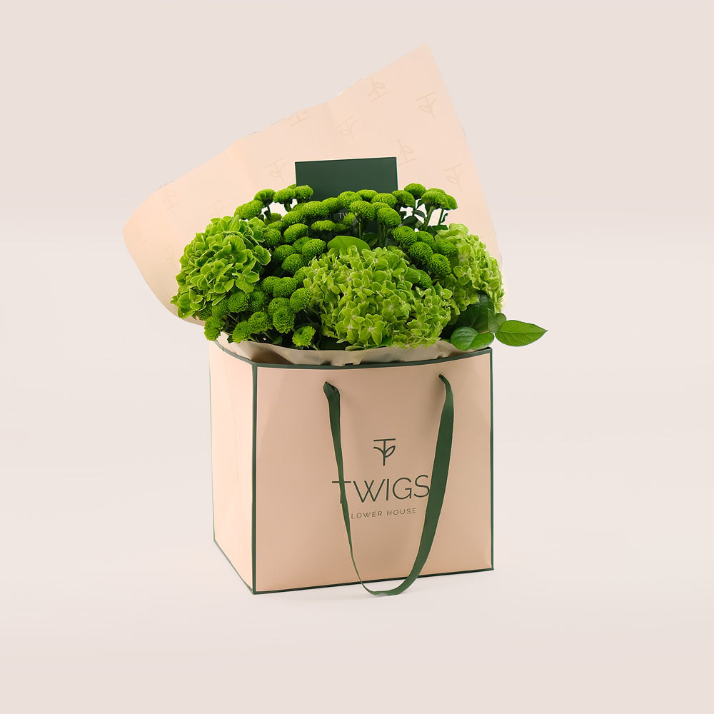 Green Bloom – Hand Bouquet of Hydrangeas & Button Mums - A Refreshing Hand-Tied Bouquet of Natural Charm