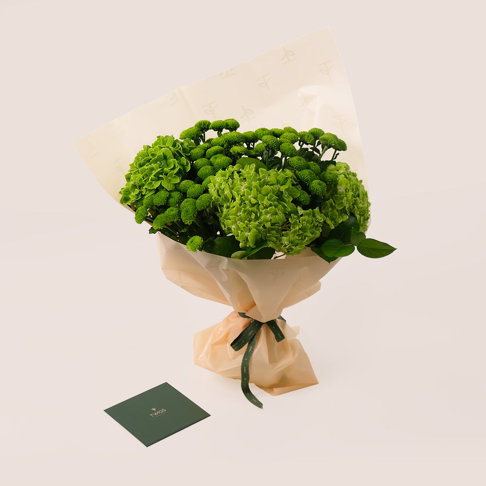 Green Bloom – Hand Bouquet of Hydrangeas & Button Mums - A Refreshing Hand-Tied Bouquet of Natural Charm