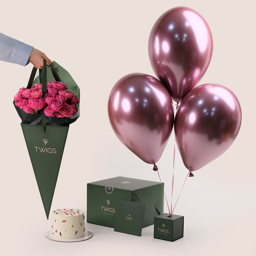 Juliet Cerise Birthday Bundle – Flower Bouquet, Cake & Balloons– A Bold & Beautiful Celebration Gift