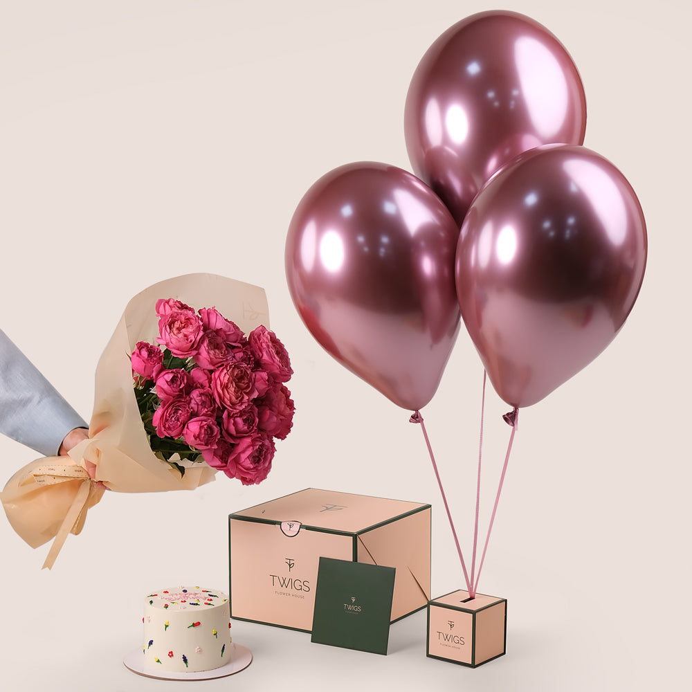 Juliet Cerise Birthday Bundle – Flower Bouquet, Cake & Balloons– A Bold & Beautiful Celebration Gift