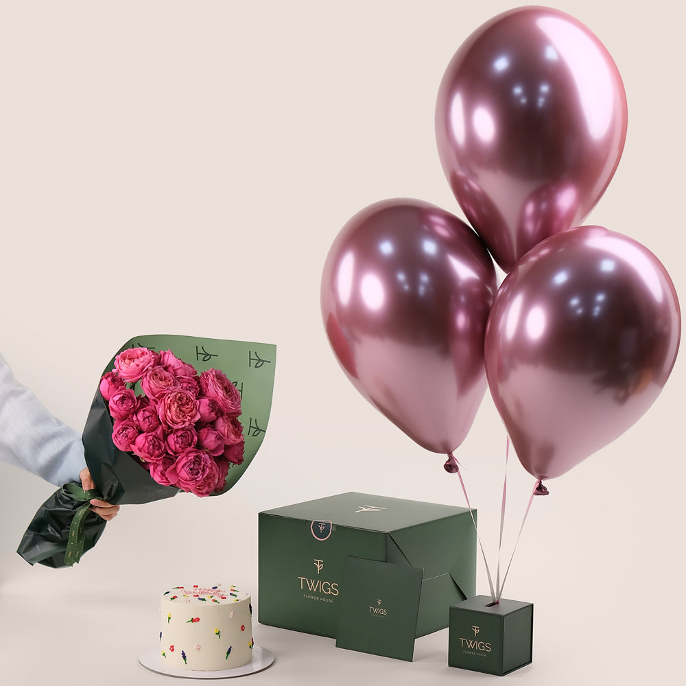 Juliet Cerise Birthday Bundle – Flower Bouquet, Cake & Balloons– A Bold & Beautiful Celebration Gift