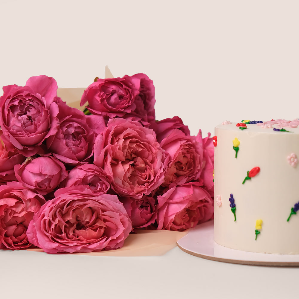 Juliet Cerise Birthday Bundle – Flower Bouquet, Cake & Balloons– A Bold & Beautiful Celebration Gift