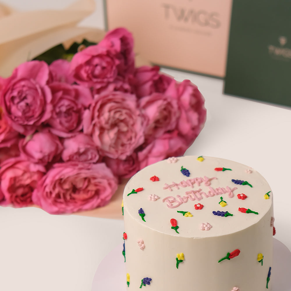 Juliet Cerise Birthday Bundle – Flower Bouquet, Cake & Balloons– A Bold & Beautiful Celebration Gift