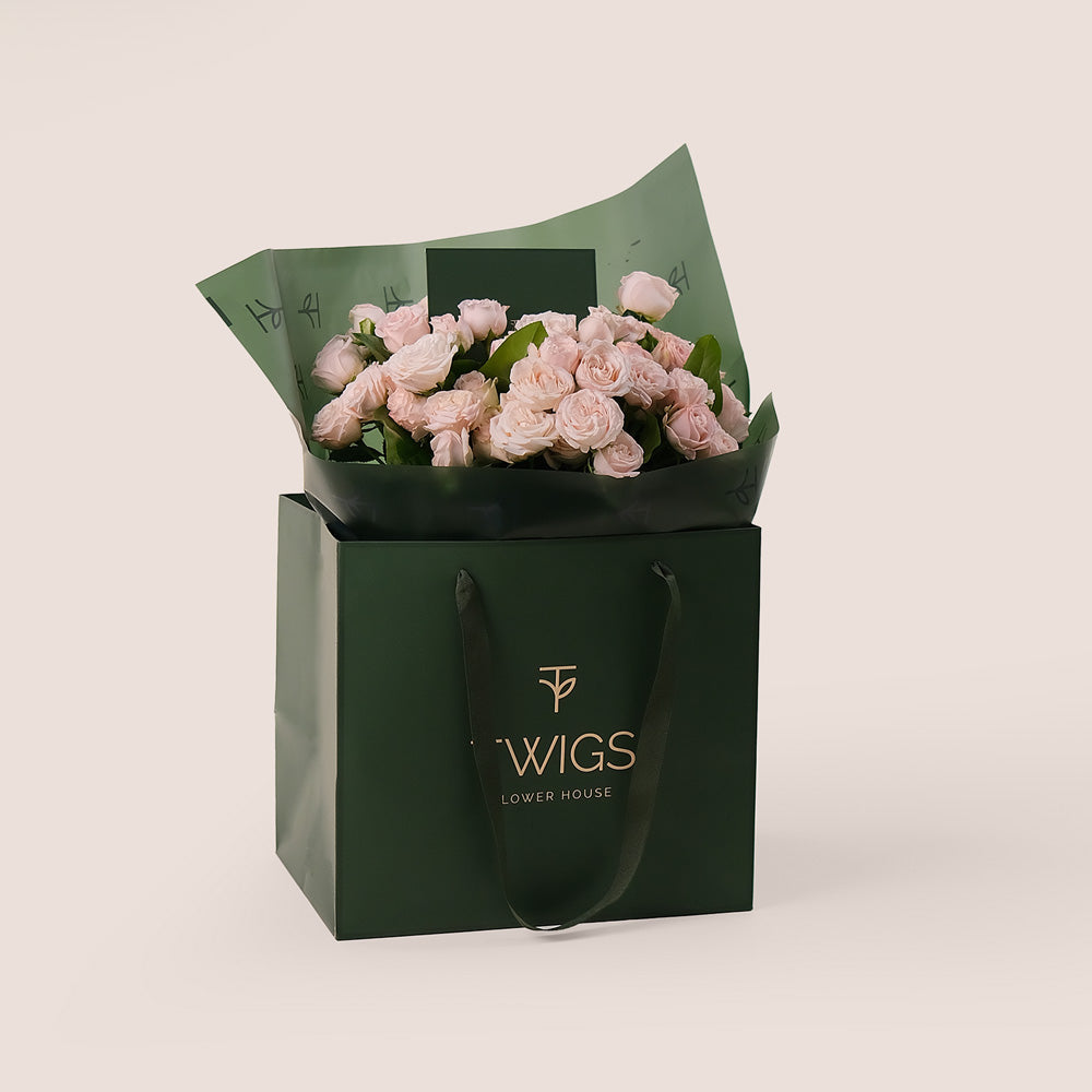 Bombastic Spray Roses Hand-Tied Flower Bouquet – Soft Elegance in Our Signature TWIGS Bag