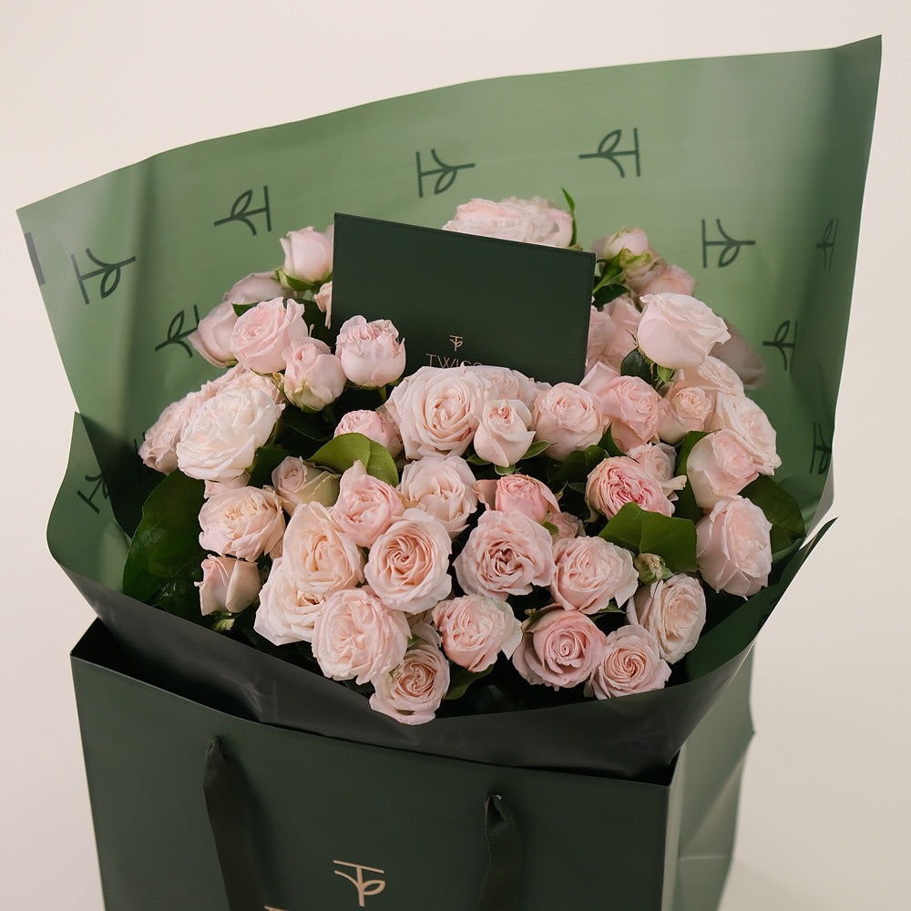 Bombastic Spray Roses Hand-Tied Flower Bouquet – Soft Elegance in Our Signature TWIGS Bag