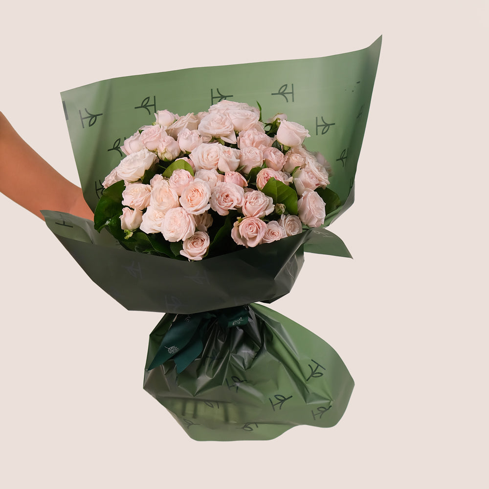 Bombastic Spray Roses Hand-Tied Flower Bouquet – Soft Elegance in Our Signature TWIGS Bag