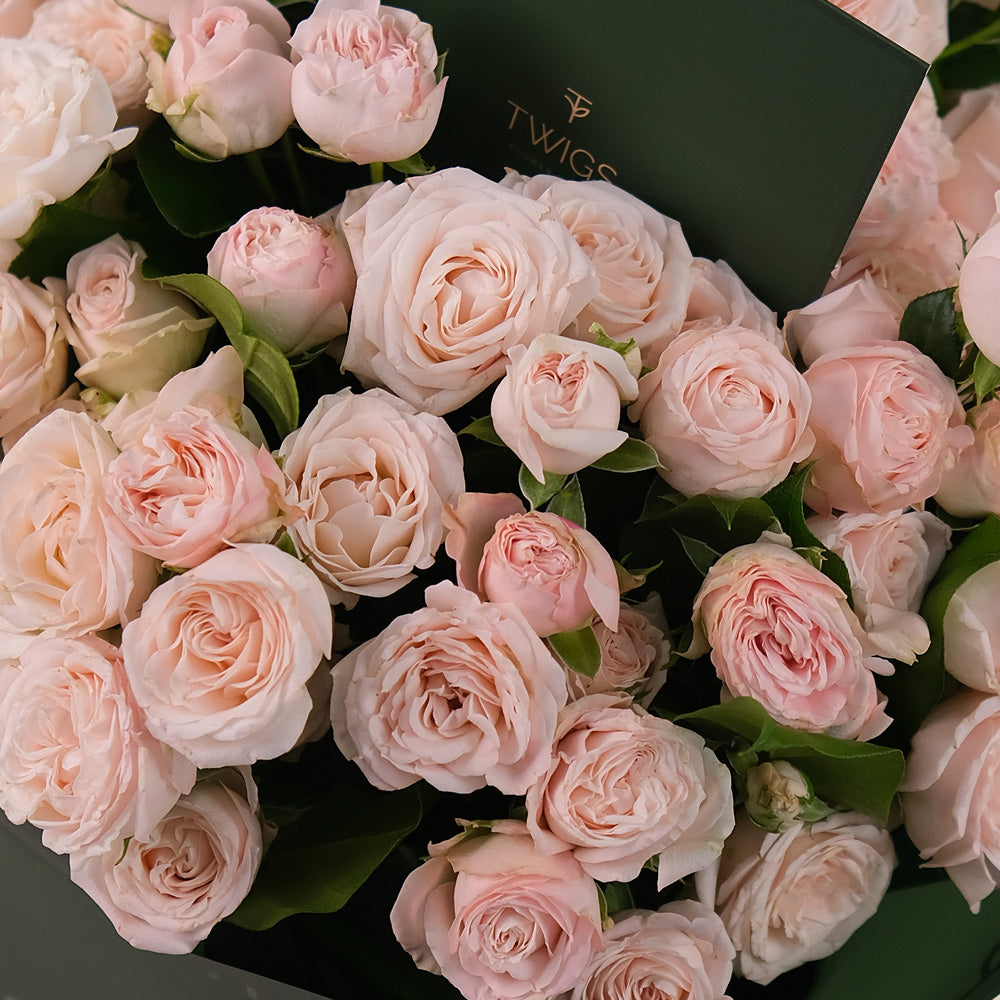 Bombastic Spray Roses Hand-Tied Flower Bouquet – Soft Elegance in Our Signature TWIGS Bag