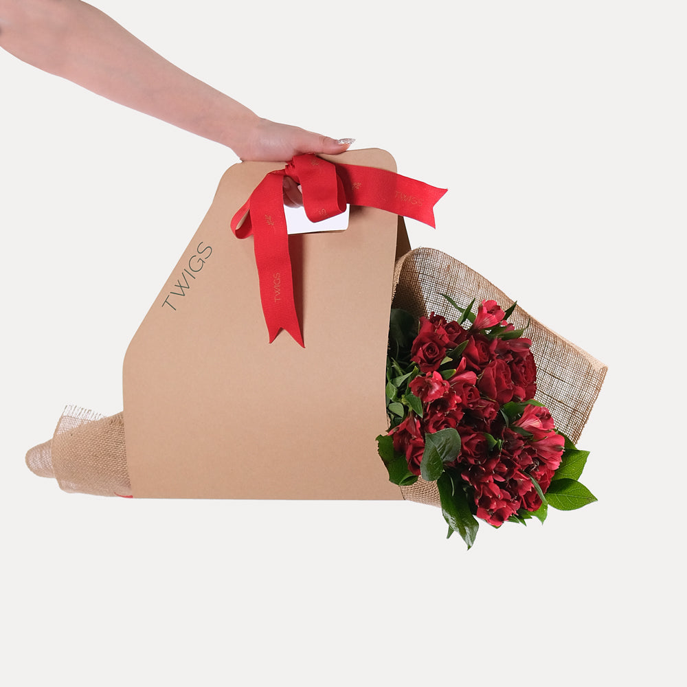 Red Roses TWIGS Flower Bunch And Premium Chocolate Box