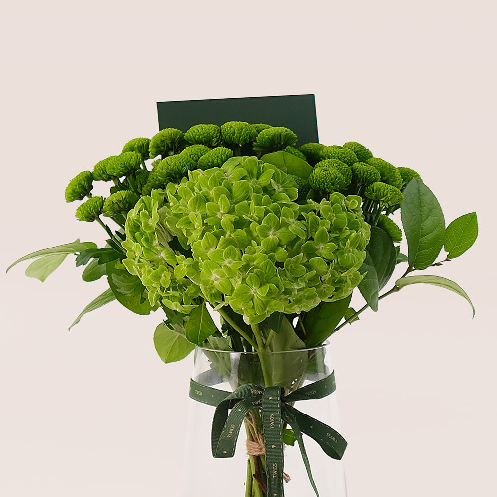 Verdant Luxe – Green Hydrangeas & Button Mums - A Tall Vase of Refreshing Elegance