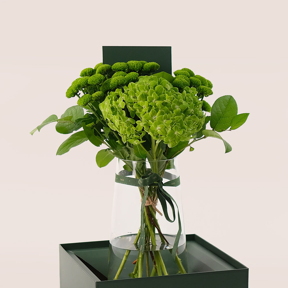 Verdant Luxe – Green Hydrangeas & Button Mums - A Tall Vase of Refreshing Elegance