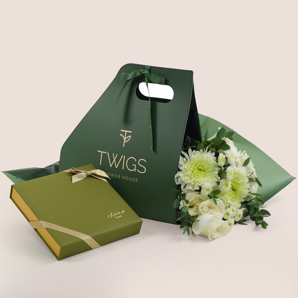 White Harmony Bouquet with Bateel Date Chocolates | Elegant Gift Bundle Dubai