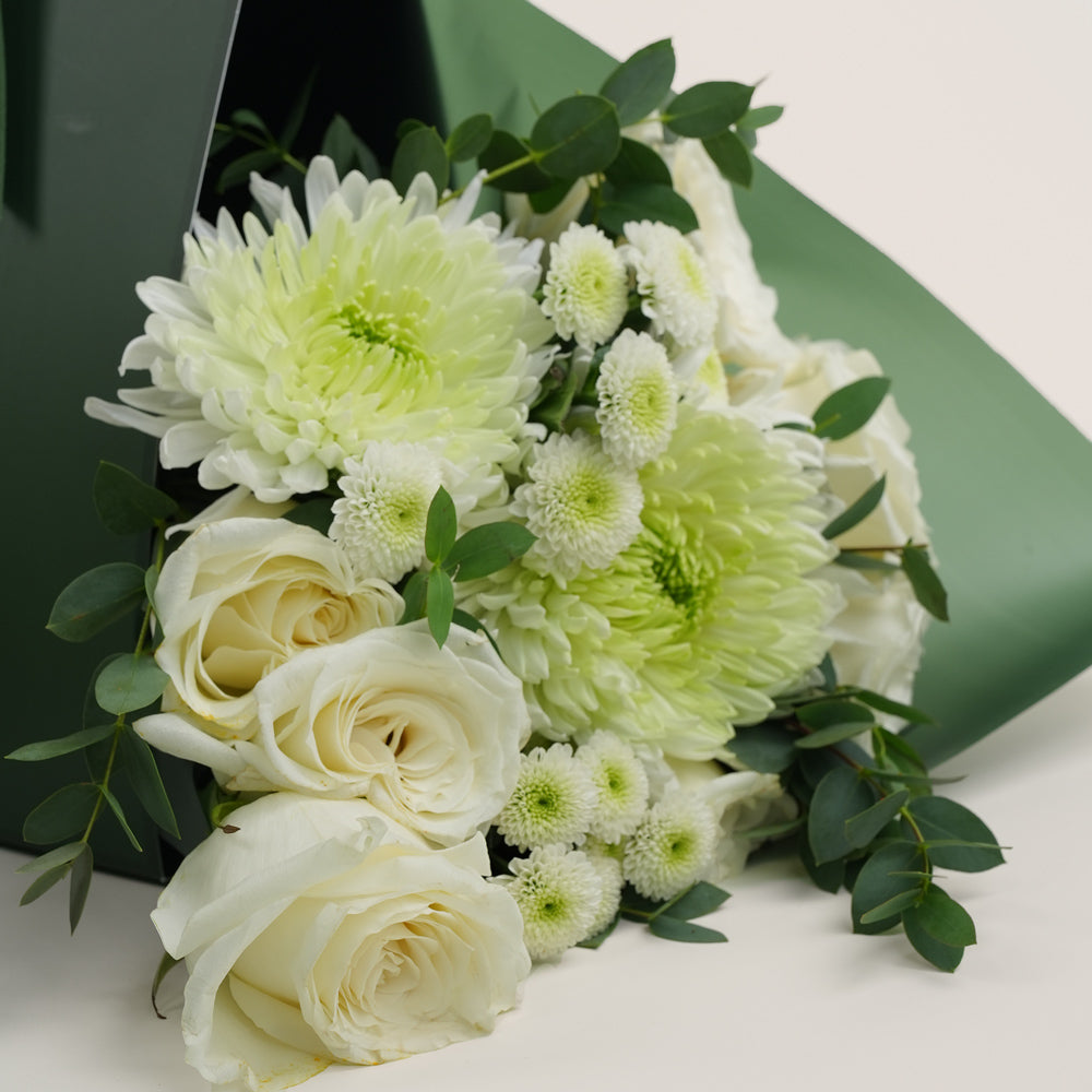 White Harmony Bouquet with Bateel Date Chocolates | Elegant Gift Bundle Dubai