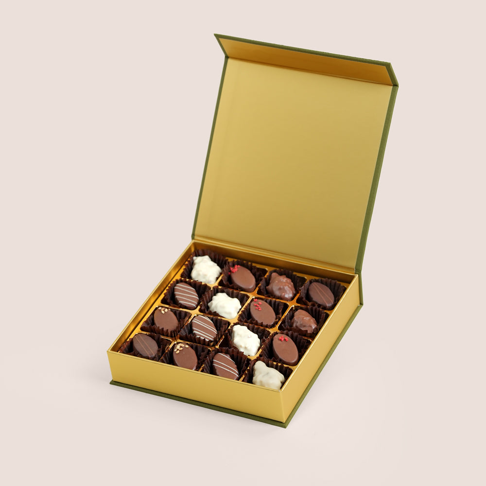 
Bateel Palm Gift Set with date chocolates in a green silk-textured gold base box, luxury flower add-on gift Dubai UAE