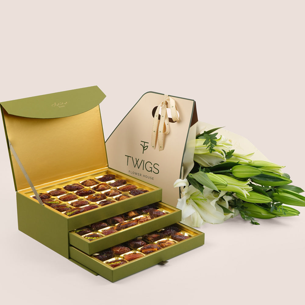 Bateel stuffed dates with fresh lilly flower bunch dubai UAE