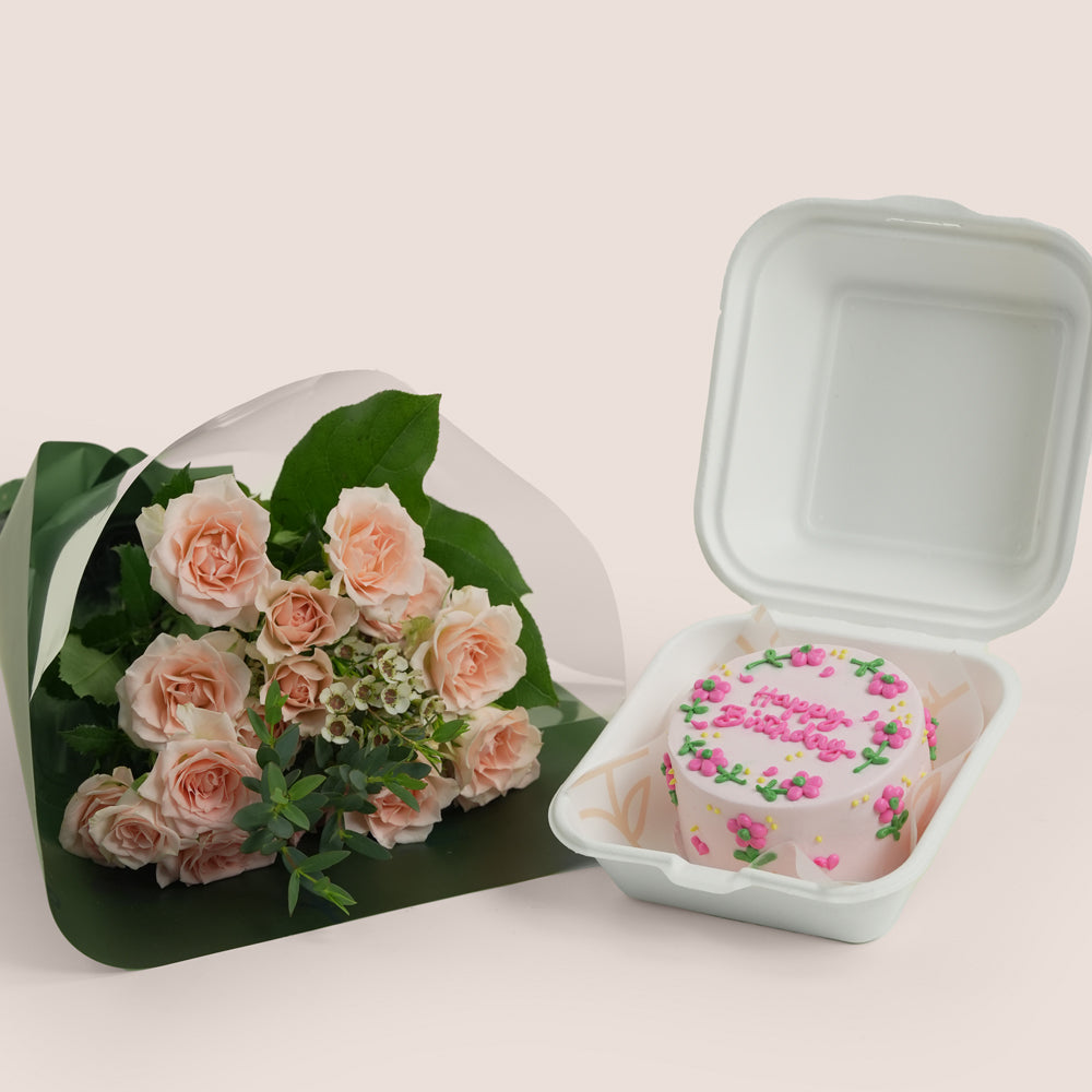 Pink rose mini bouquet with chocolate birthday bento cake — birthday flower delivery Dubai