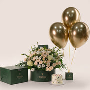 Elegant pastel roses arrangement in TWIGS Grande round box with birthday cake and chrome gold balloons