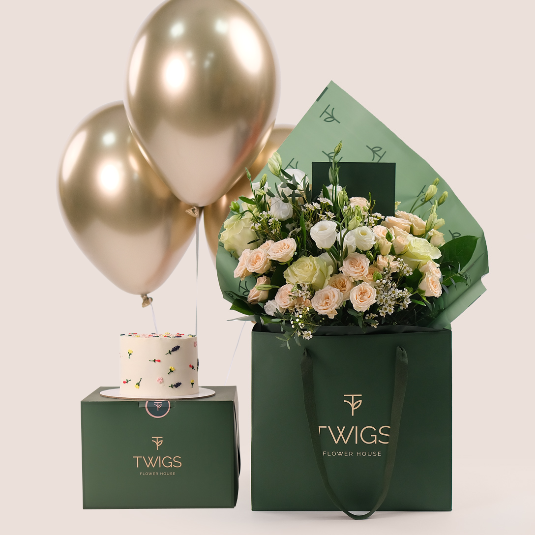 Ivory Bloom Flower Bouquet in TWIGS Signature Bag Birthday Bundled with Cake and Balloons