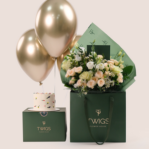 Ivory Bloom Flower Bouquet in TWIGS Signature Bag Birthday Bundled with Cake and Balloons